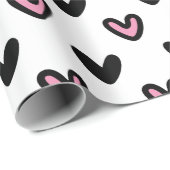 Weiß mit rosa und schwarzen Herzen Geschenkpapier (Rolleneckpunkt)