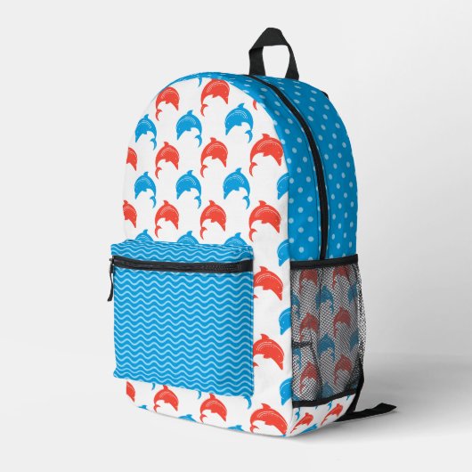WEISS MIT ROTEN UND BLAUEN DOLPHINROWS BEDRUCKTER RUCKSACK (Rückseitige Ecke Rechts)