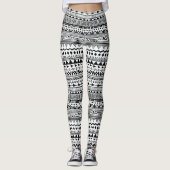 Weiß mit schwarzem Ethnic-Design-Muster Leggings (Vorderseite)