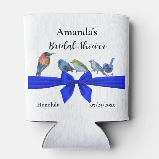 Weiß mit Vögeln auf einem blauen Brautparty Dosenkühler (Rückseite)