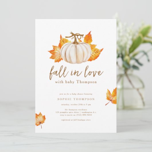 Weiß | Moderner Pupkin-Herbst in Liebe Kinderdusch Einladung (Stehend Vorderseite)