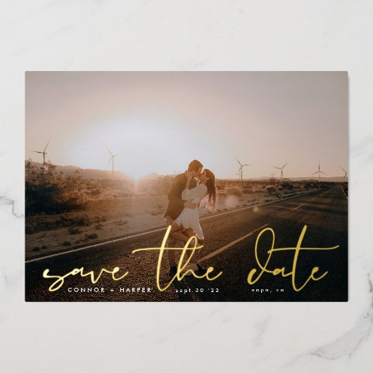 Weiß modernes Foto Das HochzeitGold Save the Date Folieneinladung (Vorderseite)