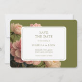 Weiß | Olive Green Vintag Rose Wedding Einladung (Vorderseite)