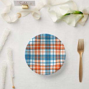 Weiß Orange Blau Kariertes Tartan Design Pappteller