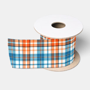 Weiß Orange Blau Kariertes Tartan Design Satinband