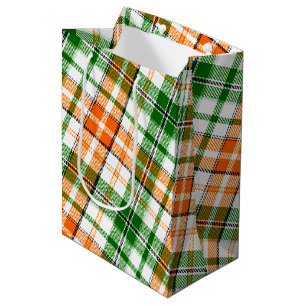 Weiß Orange Grün Kariertes Tartan Design  Mittlere Geschenktüte