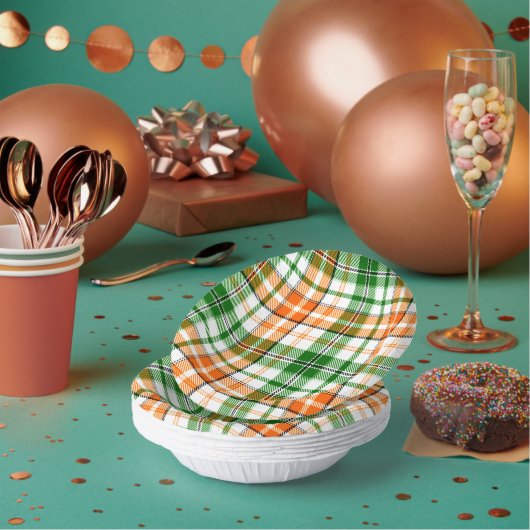 Weiß Orange Grün Kariertes Tartan Design Pappteller (Multi)