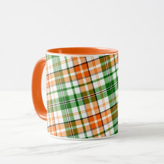 Weiß Orange Grün Kariertes Tartan Design Tasse (Vorderseite Links)