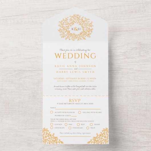 Weiß-orangefarbene Blätter in einer Einladung (Innen Boden)