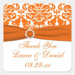 Weiß, orangefarbene Damaske-Hochzeitssticker Quadratischer Aufkleber