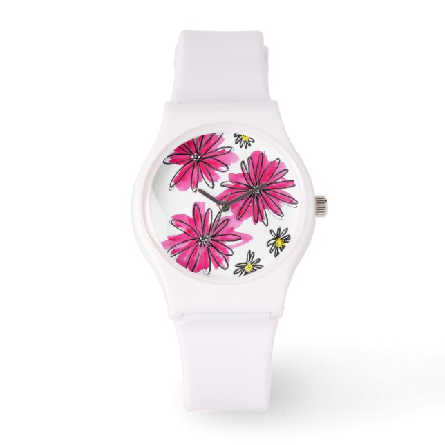 Weiß-Pink-Blume Armbanduhr (Vorderseite)