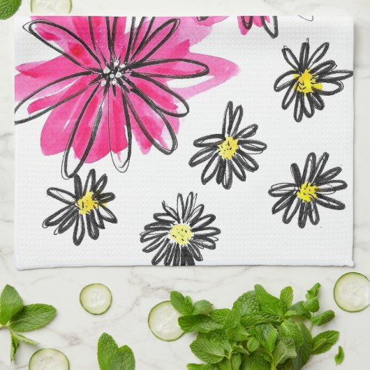 Weiß-Pink-Blume Geschirrtuch (Gefaltet)