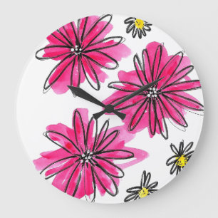 Weiß-Pink-Blume Große Wanduhr
