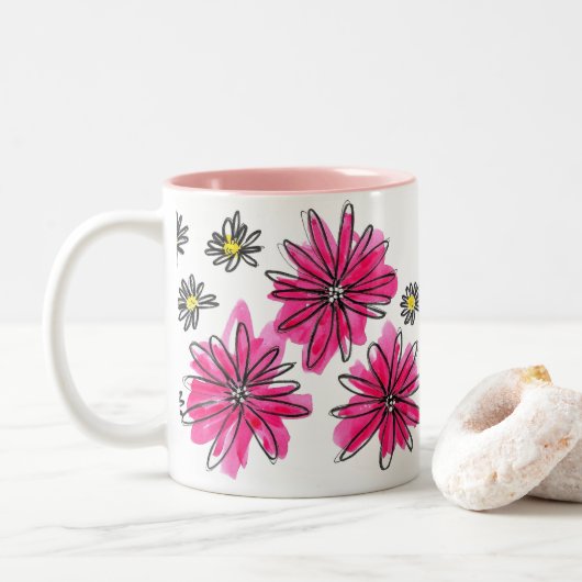 Weiß-Pink-Blume Zweifarbige Tasse (Mit Donut)