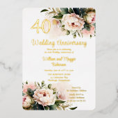 Weiß |Pink Peonies 40. Hochzeitliches Jubiläum Par Folieneinladung (Vorderseite)