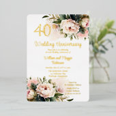 Weiß |Pink Peonies 40. Hochzeitliches Jubiläum Par Folieneinladung (Stehend vorne)