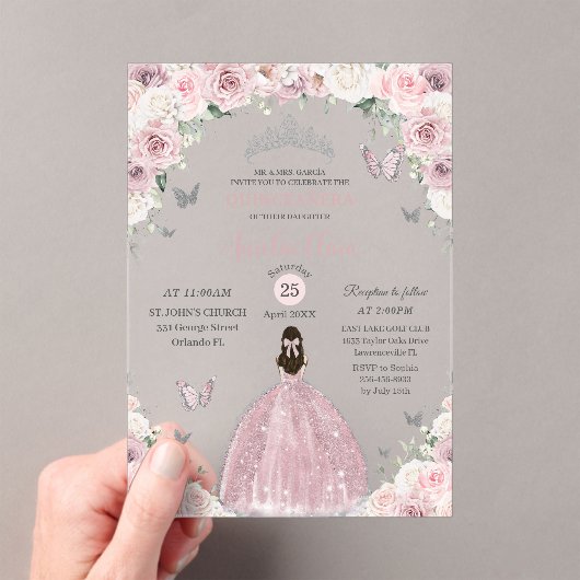 Weiß Pink, weißer Blumenrinde, Quinceañera XV 16 Acryleinladungen (Insitu (Handheld))