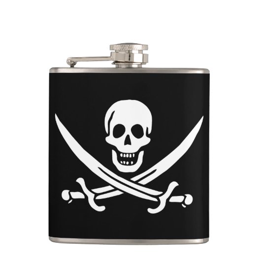 Weiß, Piratenflagge Calico Jack, Skull & Cutlass Flachmann (Vorderseite)