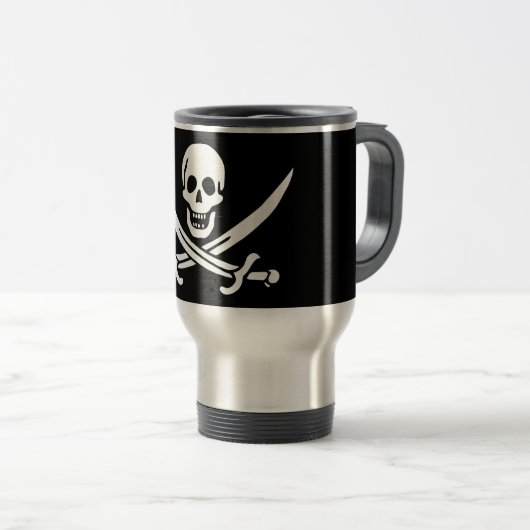 Weiß, Piratenflagge Calico Jack, Skull & Cutlass Reisebecher (VorderseiteRechts)