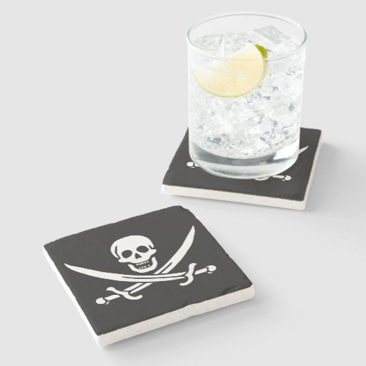 Weiß, Piratenflagge Calico Jack, Skull & Cutlass Steinuntersetzer (Seitenansicht)