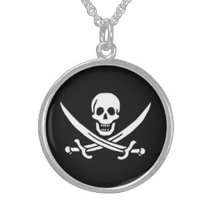 Weiß, Piratenflagge Calico Jack, Skull & Cutlass Sterling Silberkette