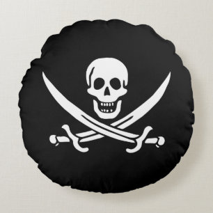 Weiß, Piratenflagge Calico Jack, Totenkopf & Enter Rundes Kissen