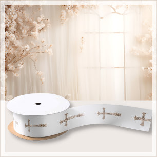 Weiß Religiöses Kreuz Taufgeld Satinband