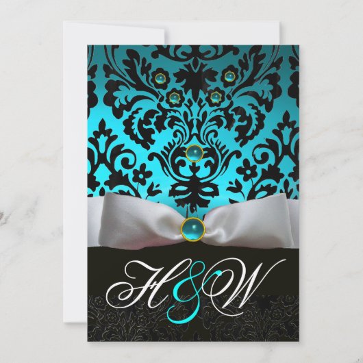 WEISS RIBBON AQUAMARIN AQUA BLUE BLACK DAMASK MONO EINLADUNG (Vorderseite)