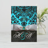 WEISS RIBBON AQUAMARIN AQUA BLUE BLACK DAMASK MONO EINLADUNG (Stehend Vorderseite)