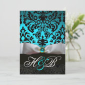 WEISS RIBBON AQUAMARIN AQUA BLUE BLACK DAMASK MONO EINLADUNG (Stehend Vorderseite)