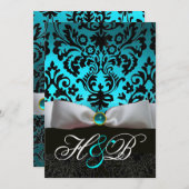 WEISS RIBBON AQUAMARIN AQUA BLUE BLACK DAMASK MONO EINLADUNG (Vorne/Hinten)