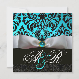 WEISS RIBBON AQUAMARIN AQUA BLUE BLACK DAMASK MONO EINLADUNG