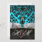 WEISS RIBBON AQUAMARIN PINK BLUE BLACK DAMASK MONO EINLADUNG (Vorderseite)