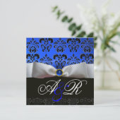 WEISS RIBBON BLAUE SAPPHIRE BLACK DAMASK MONOGRAM EINLADUNG (Stehend Vorderseite)