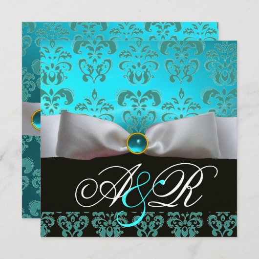 WEISS RIBBON BLUE TURQUASE BLACK DAMASK MONOGRAMM EINLADUNG (Vorne/Hinten)