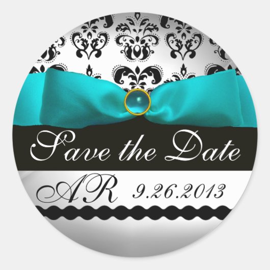 WEISS RIBBON BLUE TURQUASE BLACK DAMASK MONOGRAMM RUNDER AUFKLEBER (Vorderseite)
