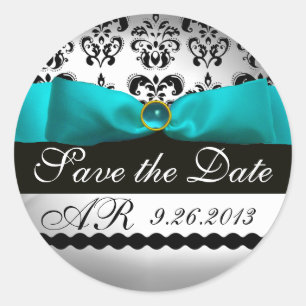 WEISS RIBBON BLUE TURQUASE BLACK DAMASK MONOGRAMM RUNDER AUFKLEBER