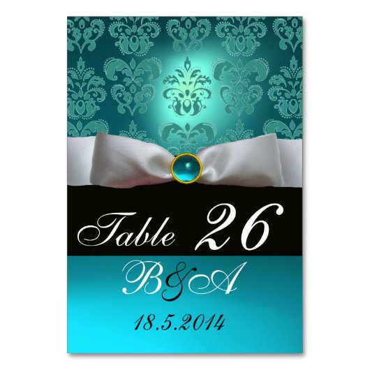 WEISS RIBBON BLUE TURQUASE BLACK DAMASK MONOGRAMM TISCHNUMMER (Rückseite)