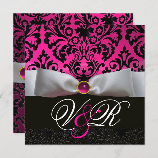 WEISS RIBBON PINK FUCHSIA SCHWARZES DAMASK-MONOGRA EINLADUNG (Vorne/Hinten)