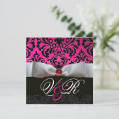 WEISS RIBBON PINK FUCHSIA SCHWARZES DAMASK-MONOGRA EINLADUNG (Stehend Vorderseite)