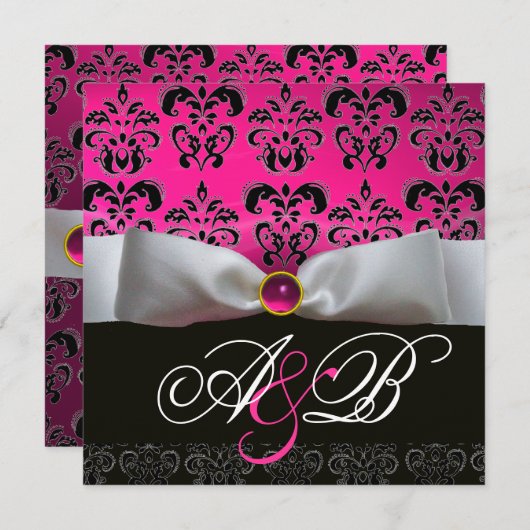 WEISS RIBBON PINK LILA SCHWARZES DAMASK-MONOGRAMM EINLADUNG (Vorne/Hinten)