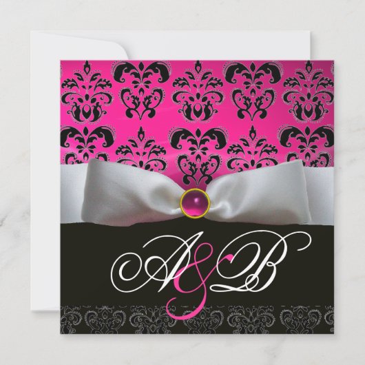WEISS RIBBON PINK LILA SCHWARZES DAMASK-MONOGRAMM EINLADUNG (Vorderseite)