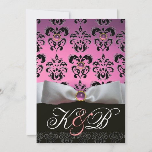 WEISS RIBBON PINK LILAC SCHWARZ-DAMASK-MONOGRAMM EINLADUNG (Vorderseite)