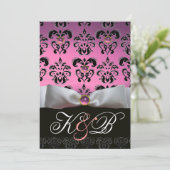 WEISS RIBBON PINK LILAC SCHWARZ-DAMASK-MONOGRAMM EINLADUNG (Stehend Vorderseite)