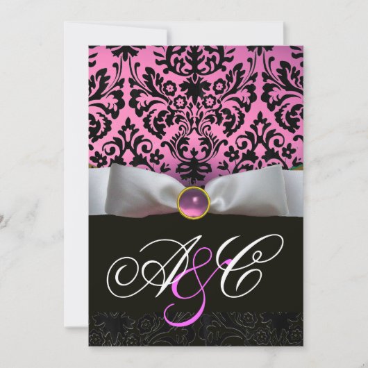 WEISS RIBBON PINK LILAC SCHWARZ-DAMASK-MONOGRAMM EINLADUNG (Vorderseite)