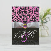 WEISS RIBBON PINK LILAC SCHWARZ-DAMASK-MONOGRAMM EINLADUNG (Stehend Vorderseite)