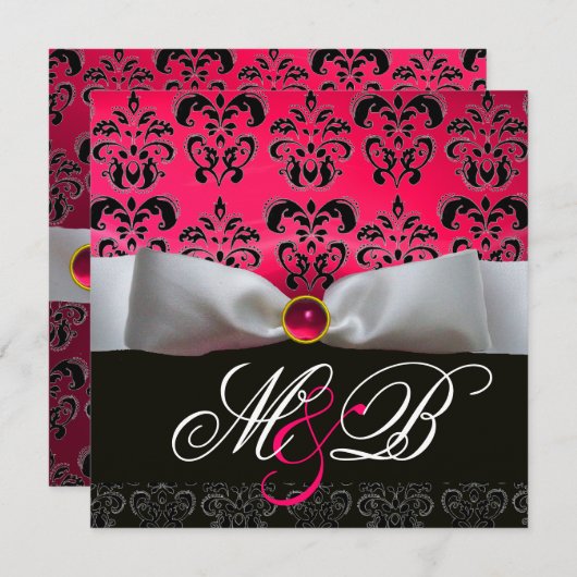 WEISS RIBBON PINK RED RUBY BLACK DAMASK MONOGRAM EINLADUNG (Vorne/Hinten)