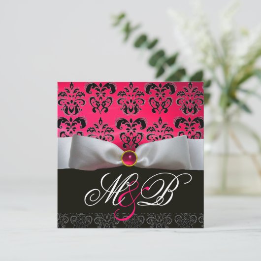 WEISS RIBBON PINK RED RUBY BLACK DAMASK MONOGRAM EINLADUNG (Stehend Vorderseite)
