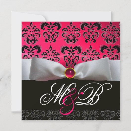 WEISS RIBBON PINK RED RUBY BLACK DAMASK MONOGRAM EINLADUNG (Vorderseite)