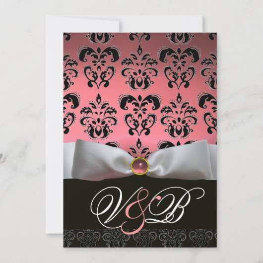 WEISS RIBBON PINK SCHWARZES DAMASK-MONOGRAMM EINLADUNG (Vorderseite)